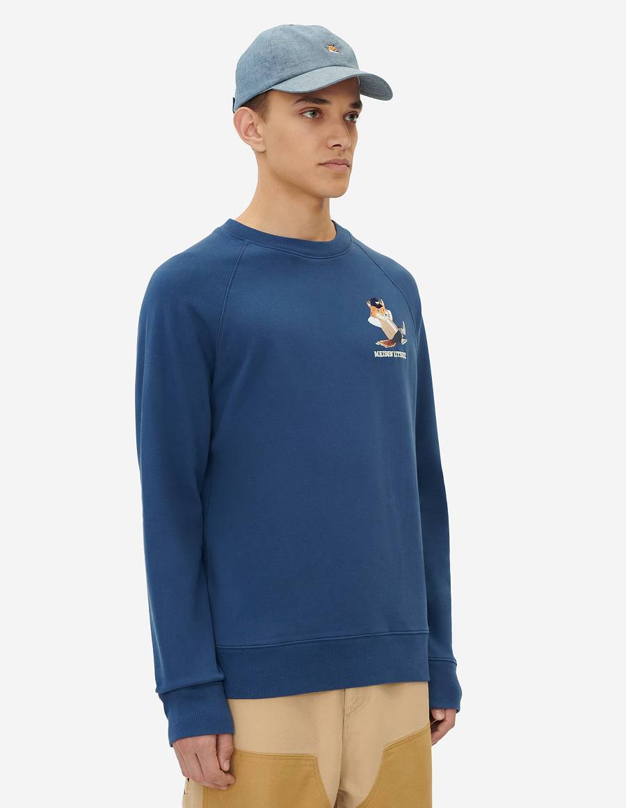 Blue Men's Maison Kitsune Dressed Fox Print Clean Sweatshirts | AU-S0705