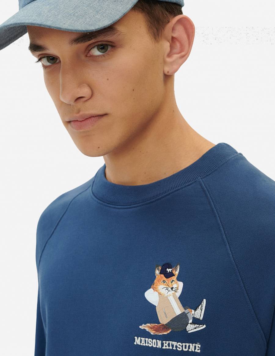 Blue Men's Maison Kitsune Dressed Fox Print Clean Sweatshirts | AU-S0705