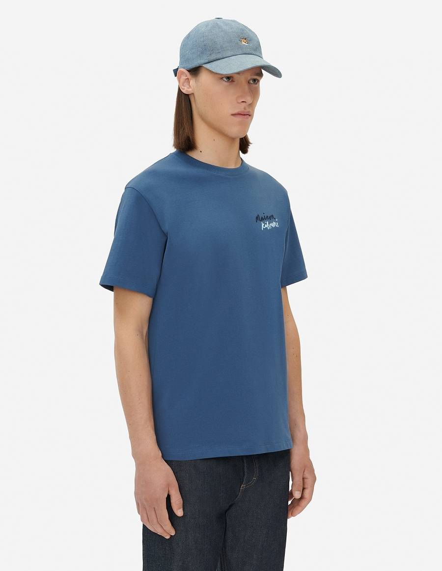 Blue Men's Maison Kitsune Mini Handwriting Classic T Shirts | AU-S734