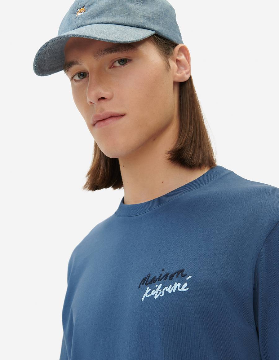 Blue Men's Maison Kitsune Mini Handwriting Classic T Shirts | AU-S734