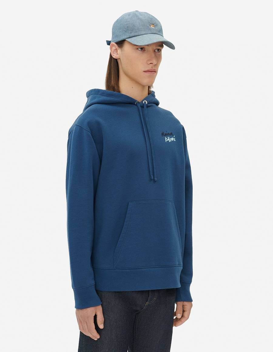 Blue Men's Maison Kitsune Mini Handwriting Relaxed Hoodies | AU-Y0585