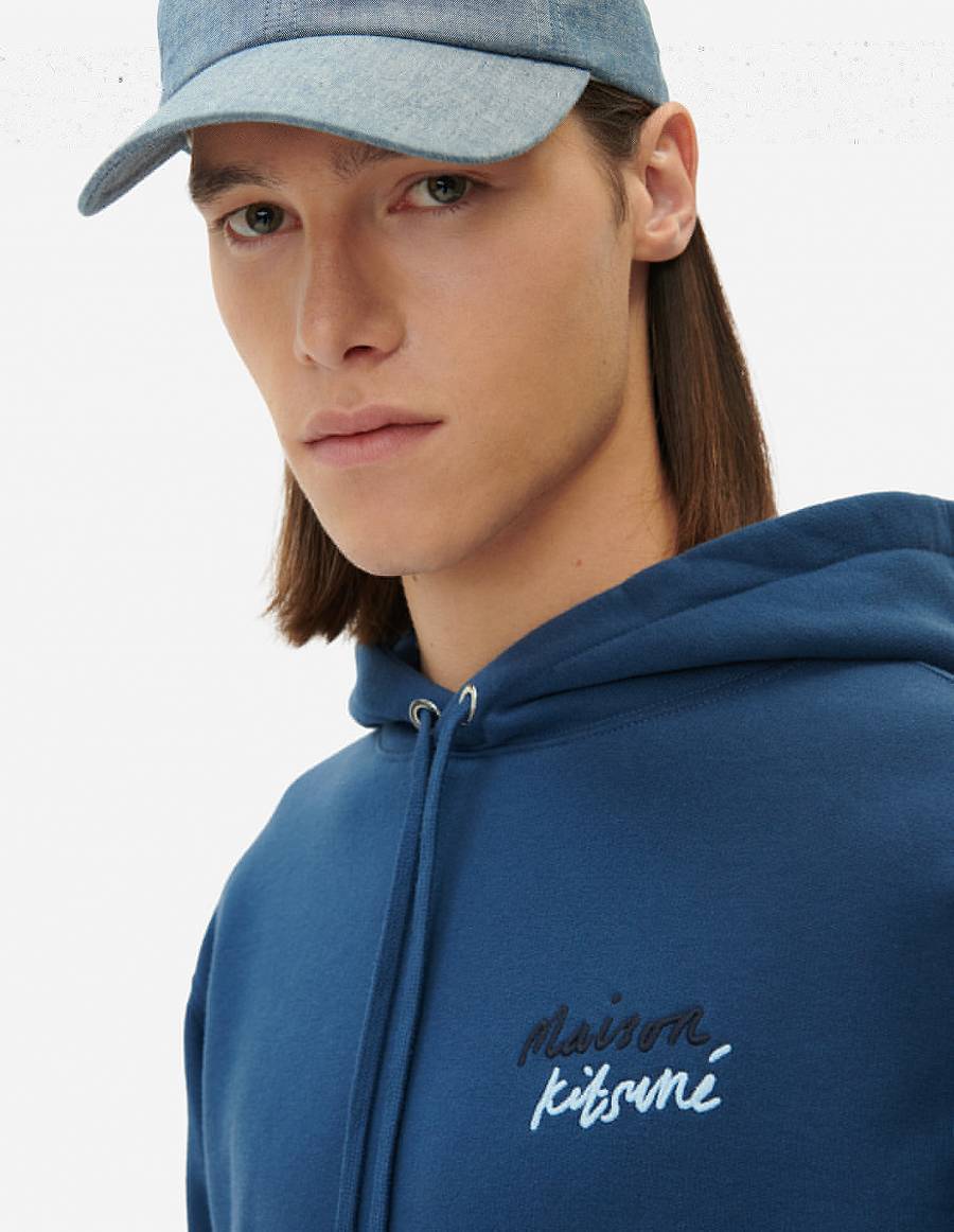 Blue Men's Maison Kitsune Mini Handwriting Relaxed Hoodies | AU-Y0585