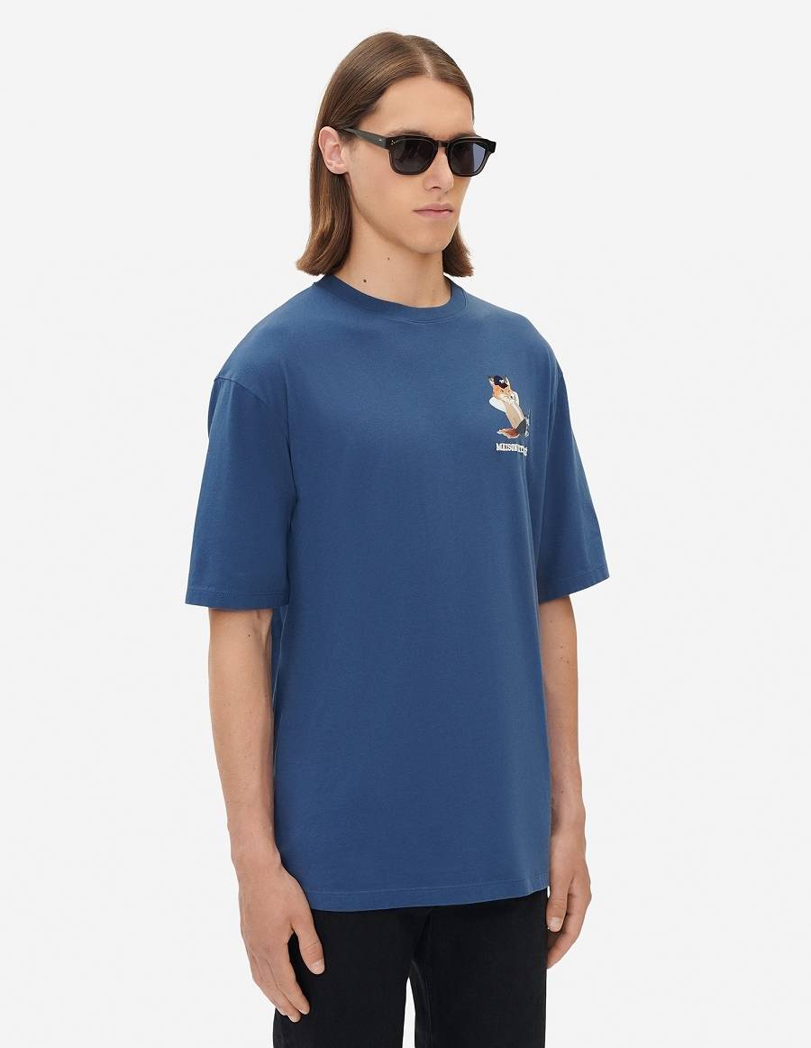 Blue Men's Maison Kitsune Small Dressed Fox Print Easy T Shirts | AU-G907