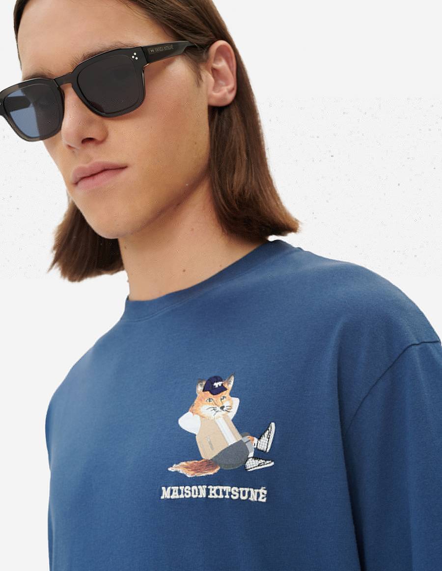 Blue Men's Maison Kitsune Small Dressed Fox Print Easy T Shirts | AU-G907