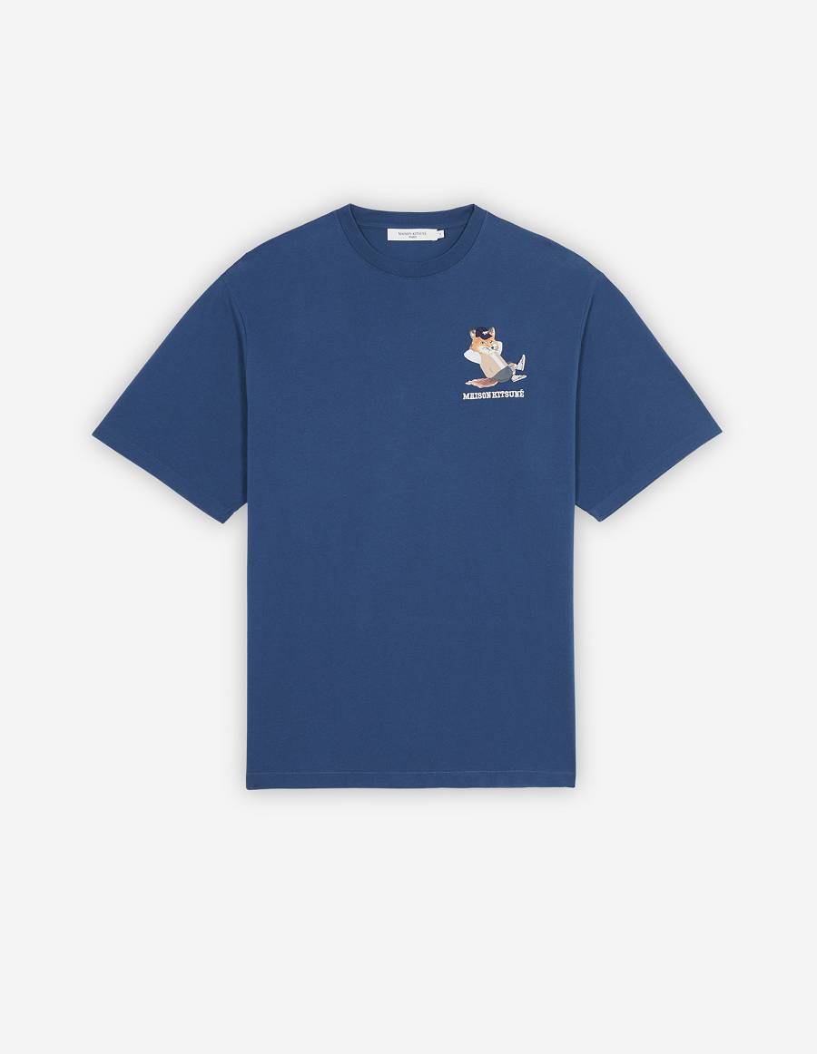 Blue Men\'s Maison Kitsune Small Dressed Fox Print Easy T Shirts | AU-G907