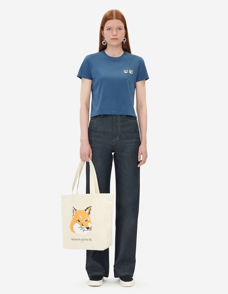 Blue Women's Maison Kitsune Double Fox Head Patch Cropped T Shirts | AU-K0458