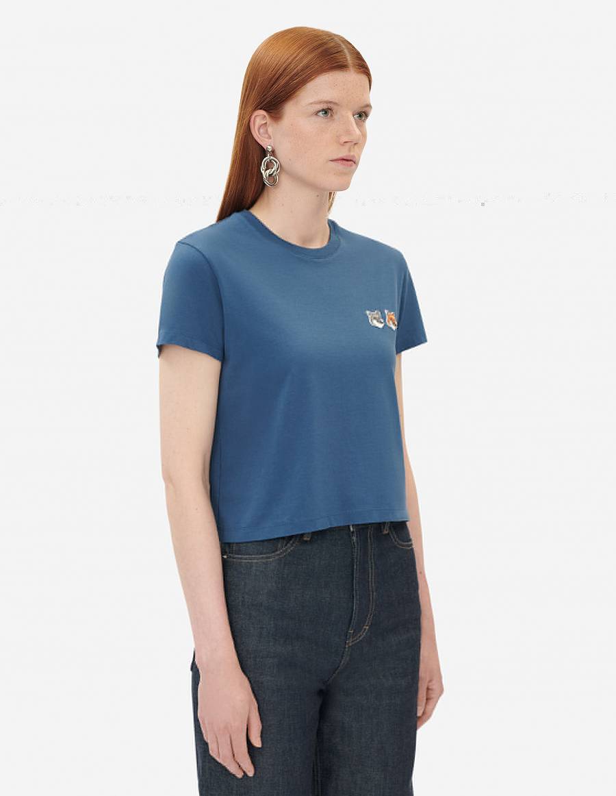 Blue Women's Maison Kitsune Double Fox Head Patch Cropped T Shirts | AU-K0458