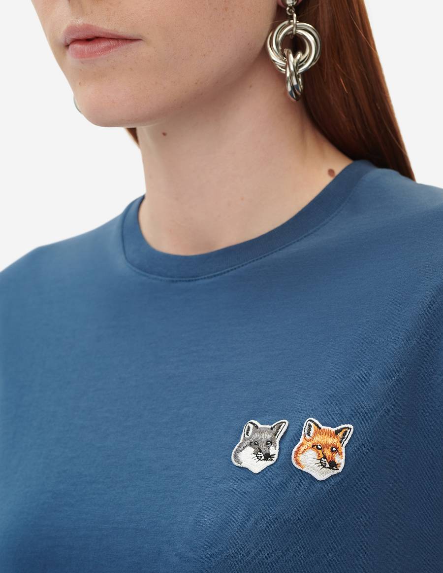 Blue Women's Maison Kitsune Double Fox Head Patch Cropped T Shirts | AU-K0458