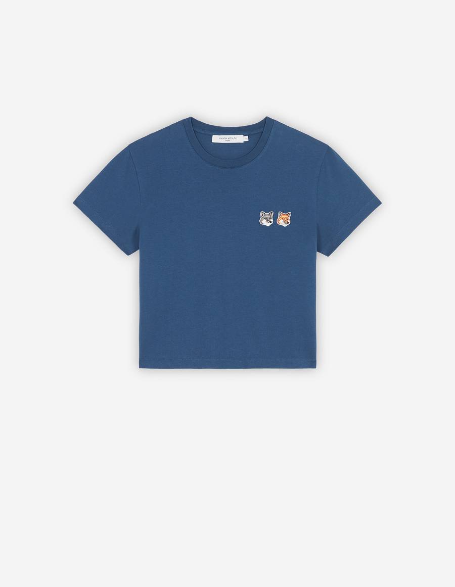 Blue Women\'s Maison Kitsune Double Fox Head Patch Cropped T Shirts | AU-K0458