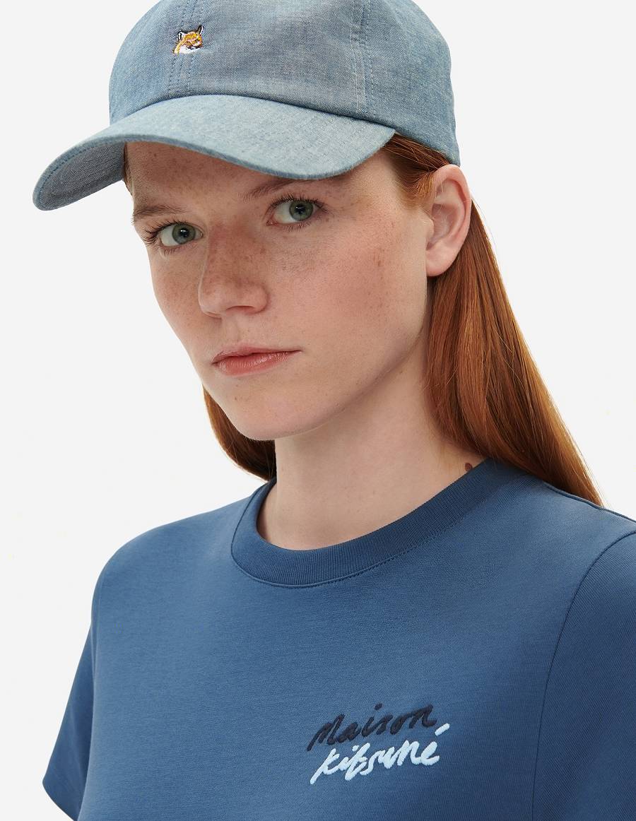 Blue Women's Maison Kitsune Mini Handwriting Classic T Shirts | AU-G0530