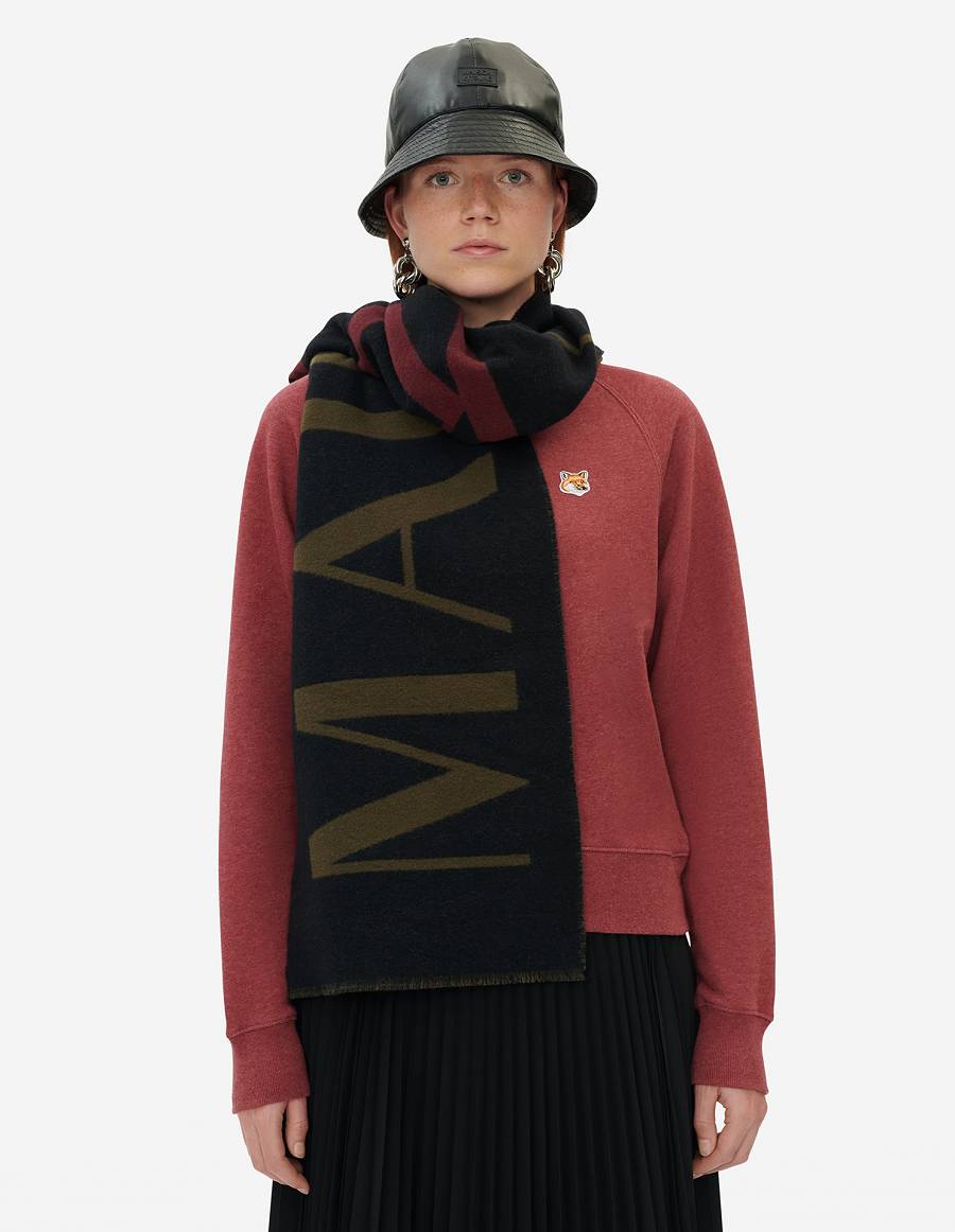 Burgundy Black Men's Maison Kitsune Jacquard Scarf | AU-M0863