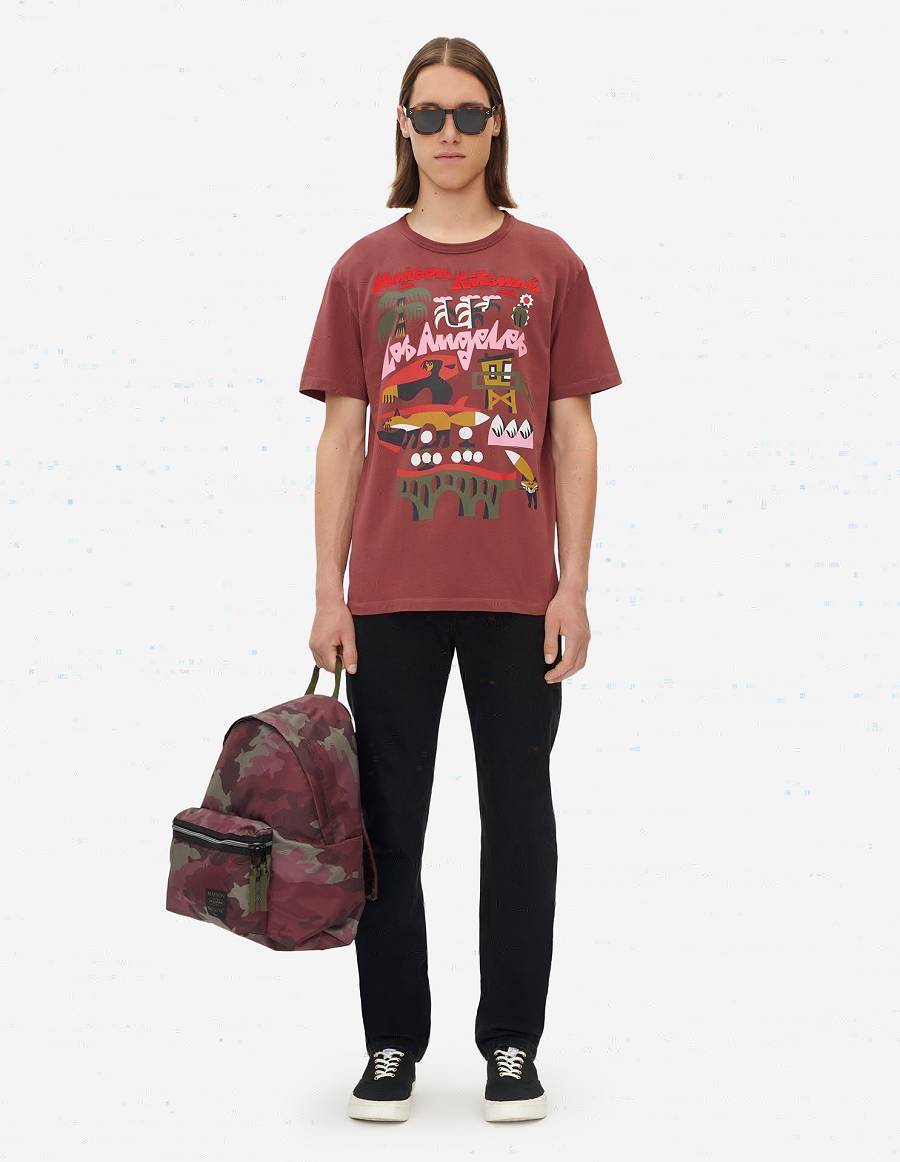 Burgundy Men's Maison Kitsune Bill Rebholz La Classic T Shirts | AU-K0766