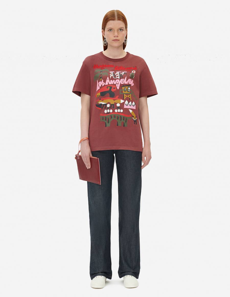 Burgundy Men's Maison Kitsune Bill Rebholz La Classic T Shirts | AU-K0766