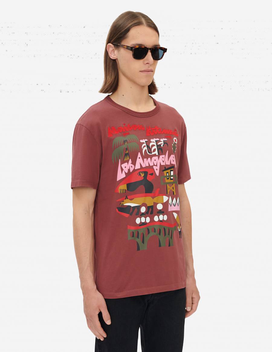 Burgundy Men's Maison Kitsune Bill Rebholz La Classic T Shirts | AU-K0766