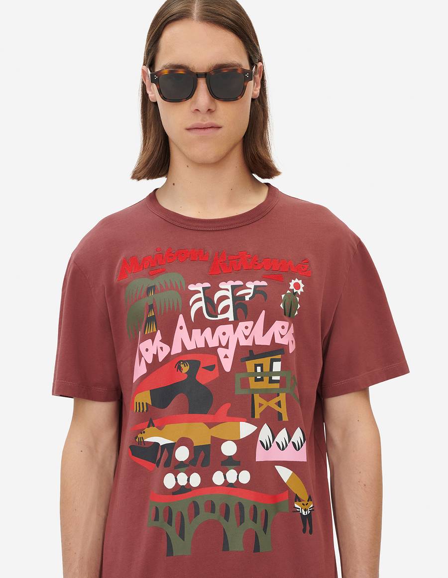 Burgundy Men's Maison Kitsune Bill Rebholz La Classic T Shirts | AU-K0766