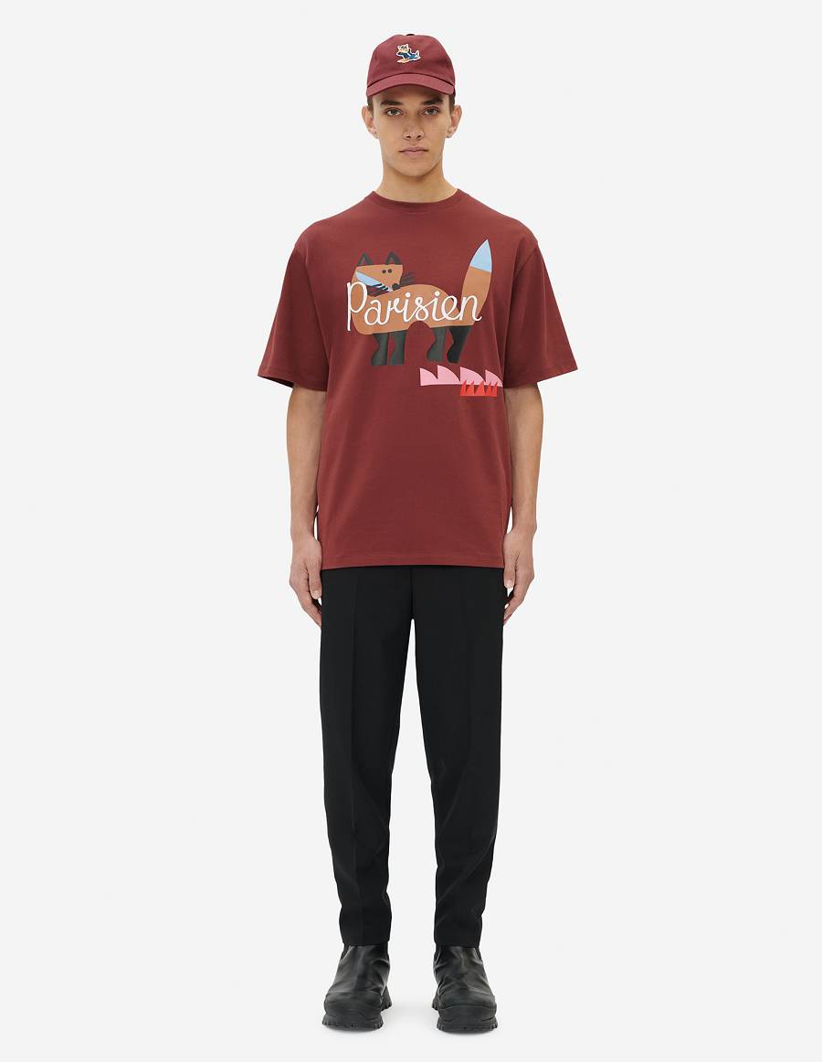 Burgundy Men's Maison Kitsune Bill Rebholz Parisien Easy T Shirts | AU-M0950