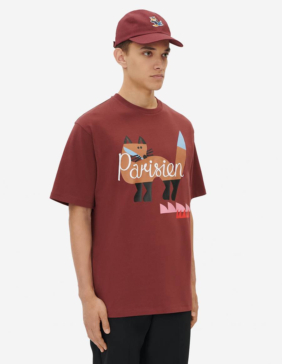 Burgundy Men's Maison Kitsune Bill Rebholz Parisien Easy T Shirts | AU-M0950