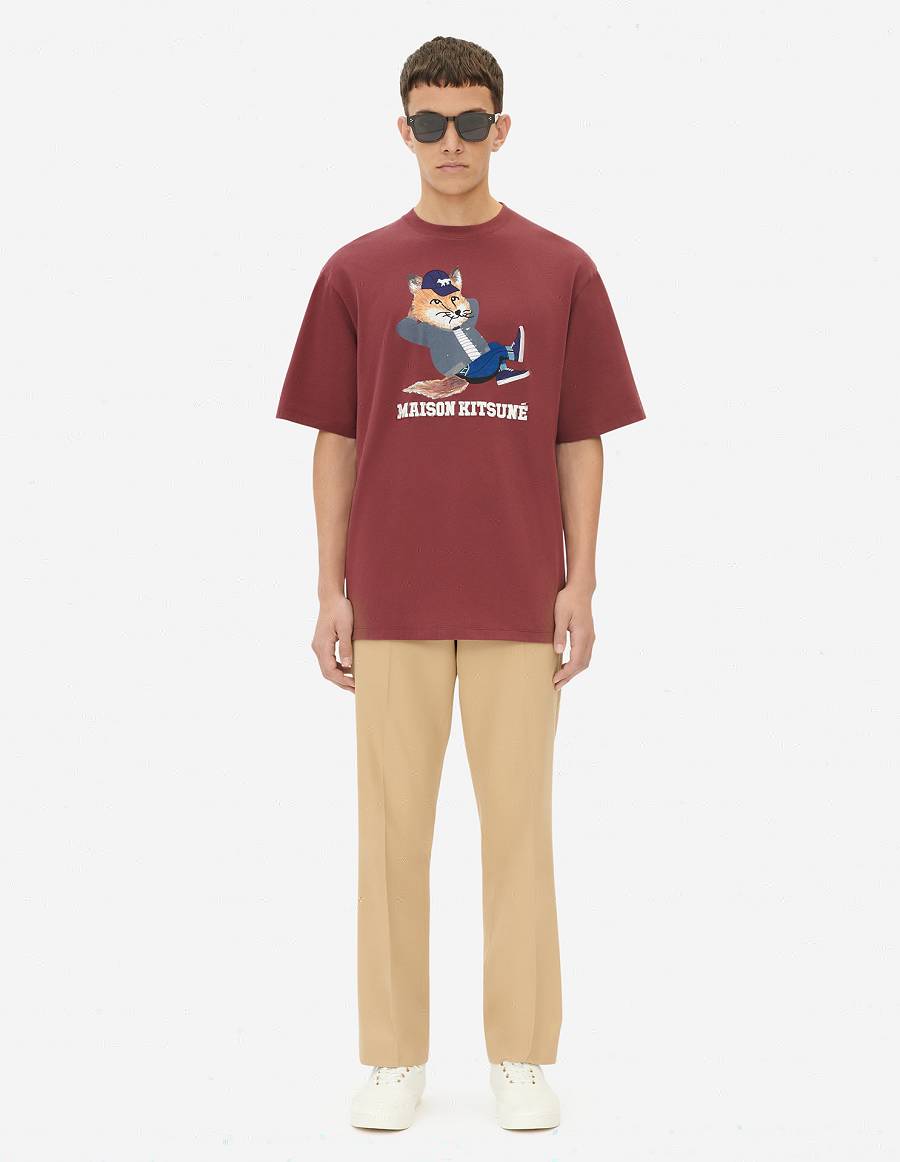 Burgundy Men's Maison Kitsune Dressed Fox Print Easy T Shirts | AU-A0582