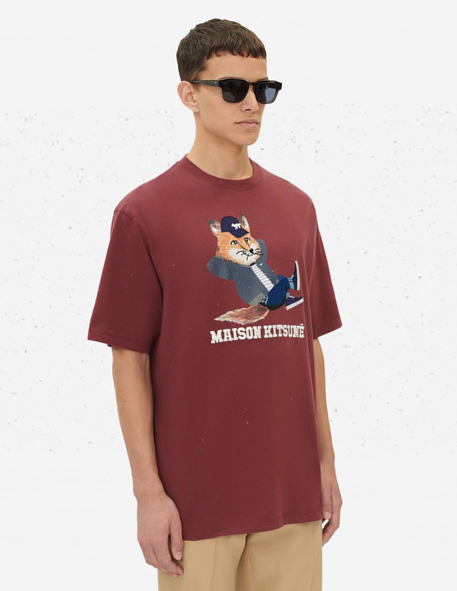 Burgundy Men's Maison Kitsune Dressed Fox Print Easy T Shirts | AU-A0582