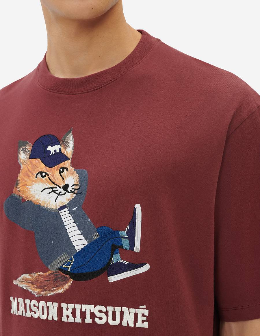 Burgundy Men's Maison Kitsune Dressed Fox Print Easy T Shirts | AU-A0582