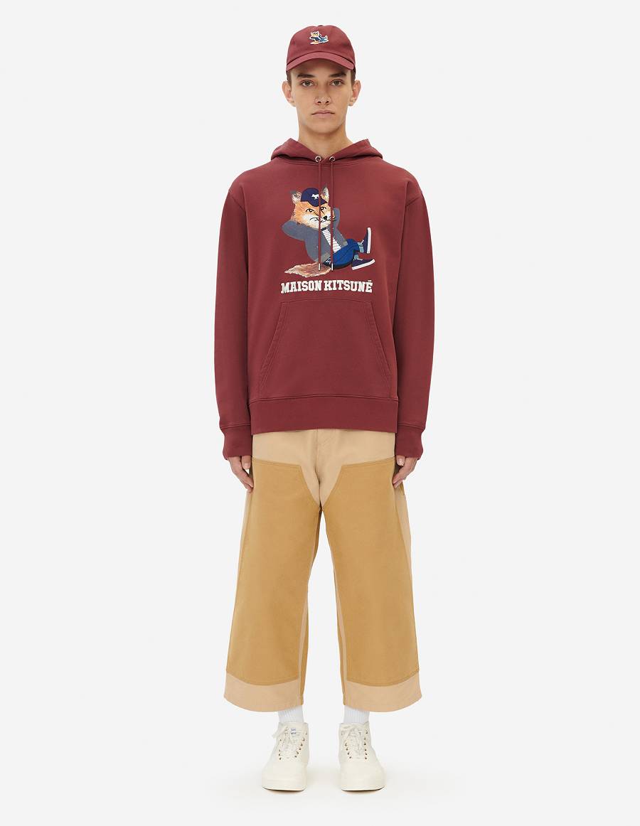 Burgundy Men's Maison Kitsune Dressed Fox Print Relaxed Hoodies | AU-A0785