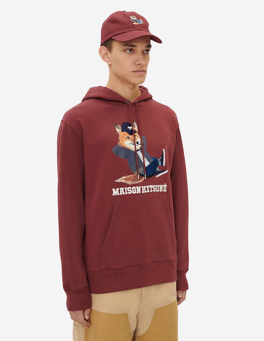 Burgundy Men's Maison Kitsune Dressed Fox Print Relaxed Hoodies | AU-A0785