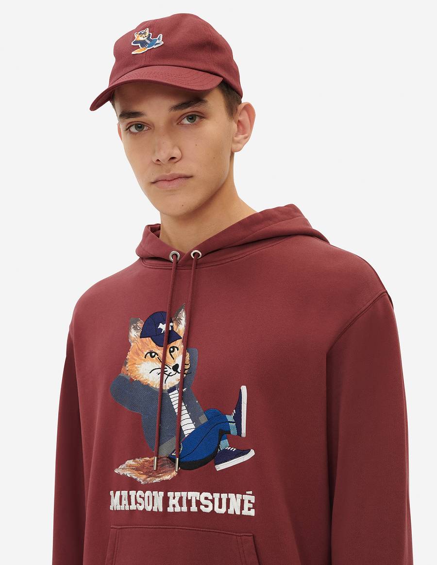 Burgundy Men's Maison Kitsune Dressed Fox Print Relaxed Hoodies | AU-A0785