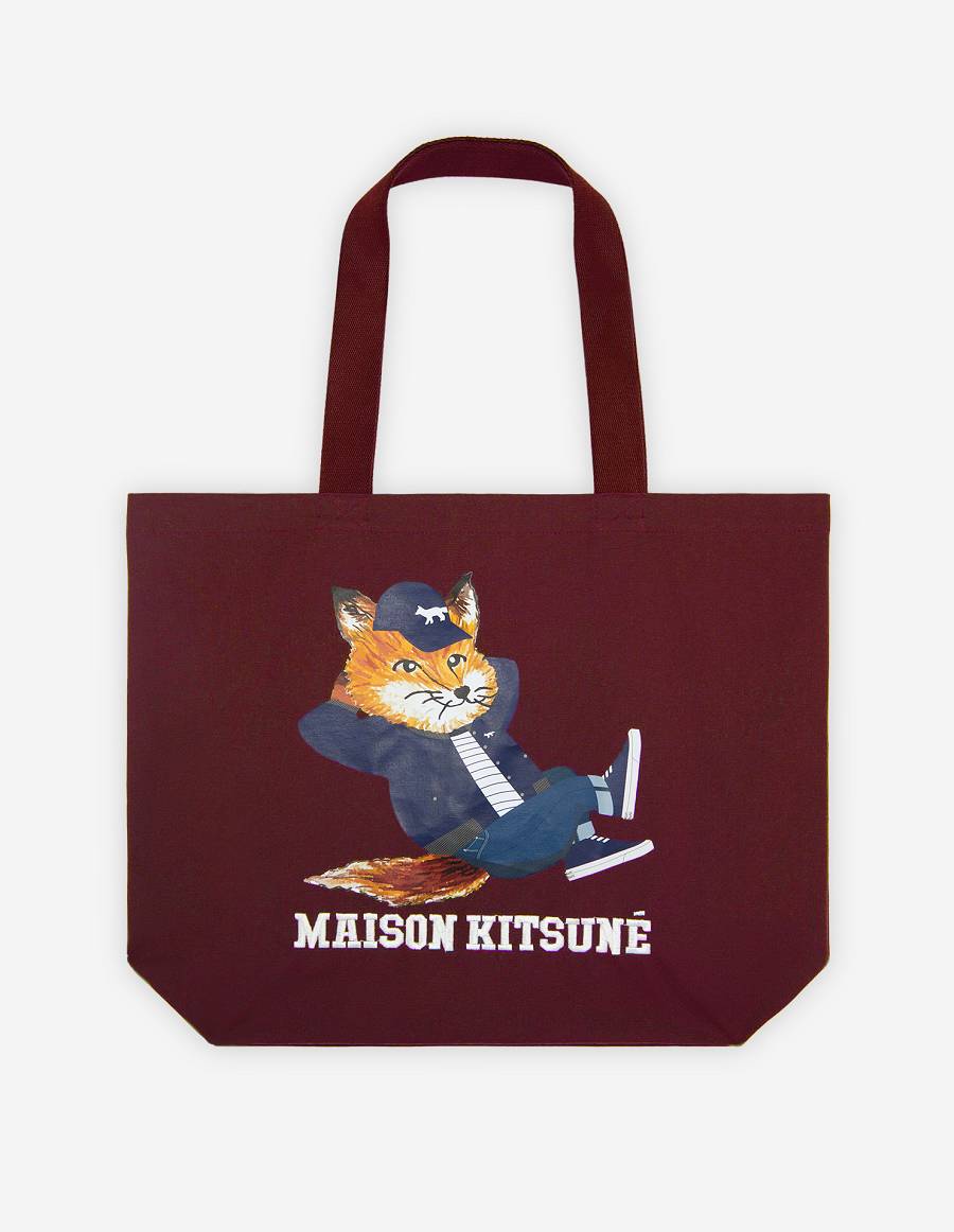 Burgundy Men\'s Maison Kitsune Dressed Fox Tote Bags | AU-G394