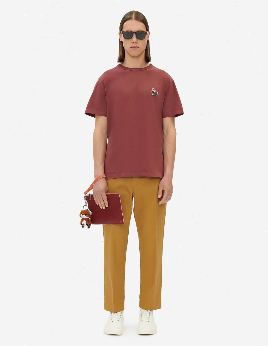 Burgundy Men's Maison Kitsune Dressed Fox Patch Classic T Shirts | AU-S0474