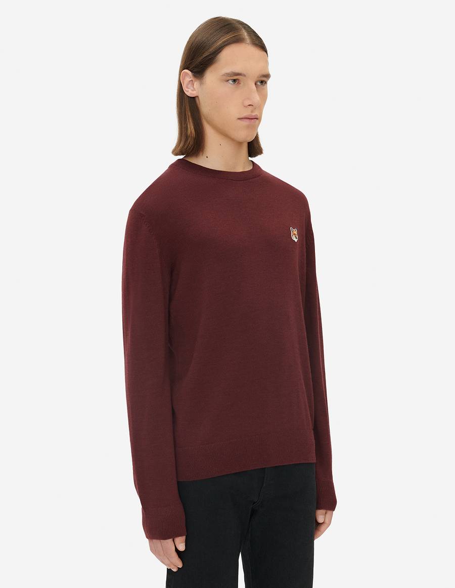 Burgundy Men's Maison Kitsune Fox Head Patch Classic R-neck Sweaters | AU-A0959