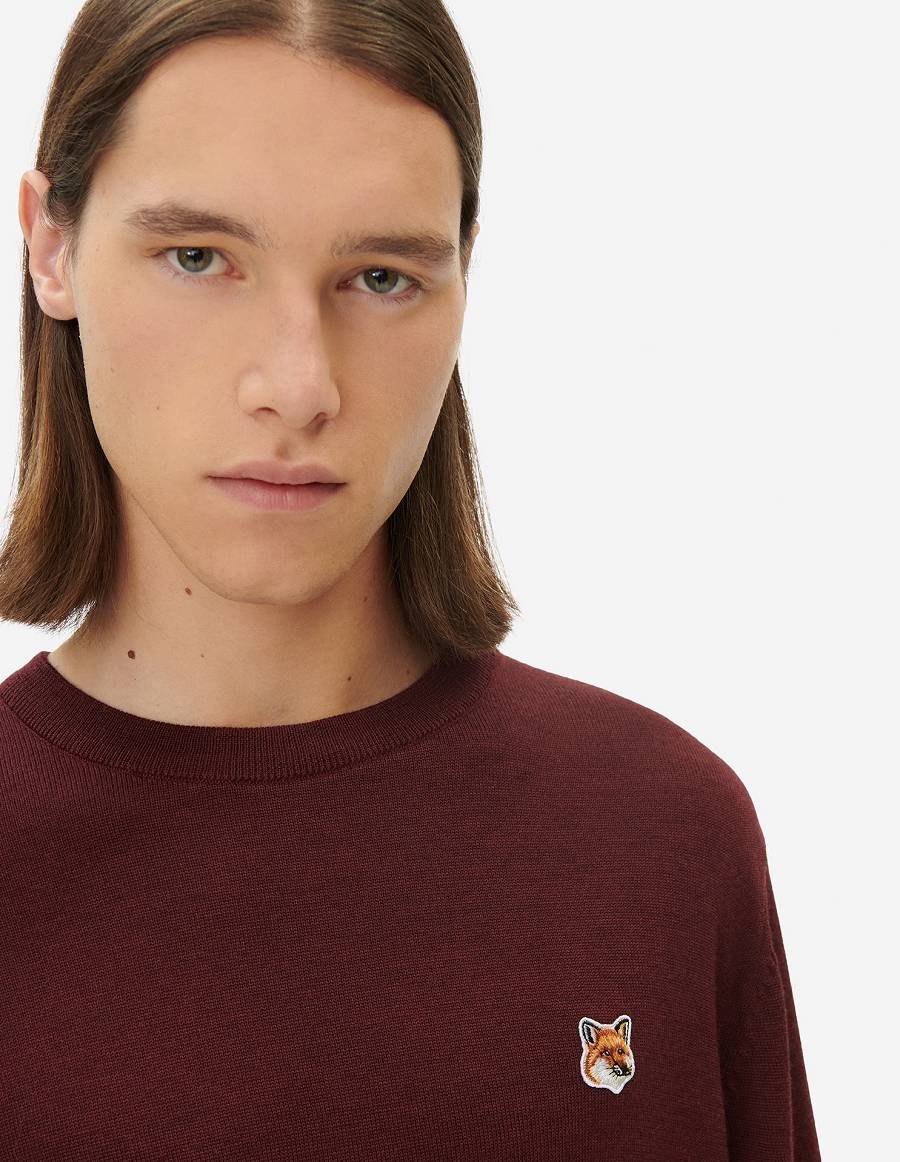 Burgundy Men's Maison Kitsune Fox Head Patch Classic R-neck Sweaters | AU-A0959