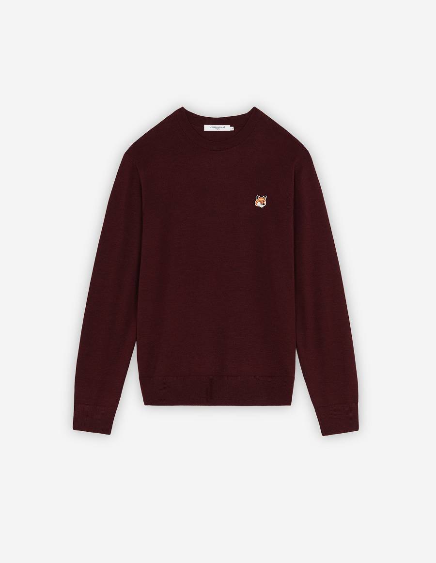 Burgundy Men\'s Maison Kitsune Fox Head Patch Classic R-neck Sweaters | AU-A0959