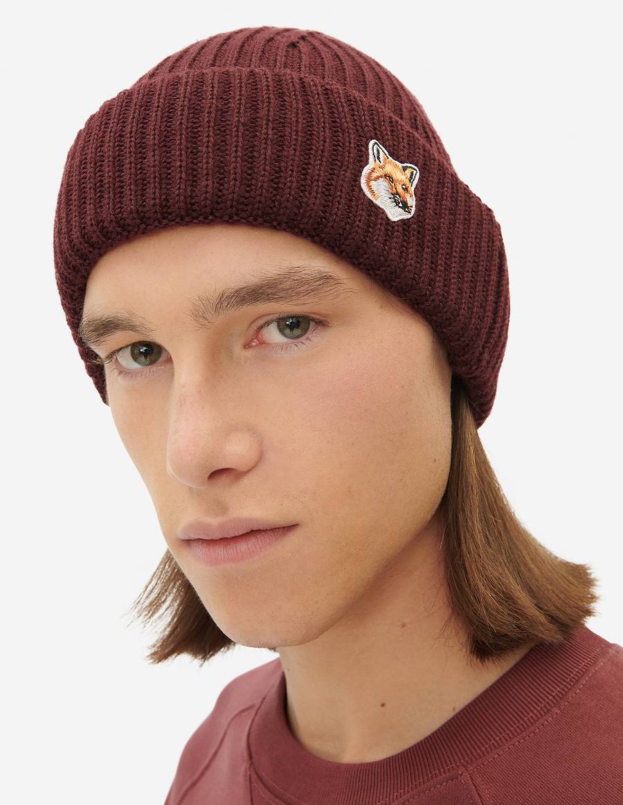 Burgundy Men's Maison Kitsune Fox Head Patch Ribbed Hats | AU-B0490