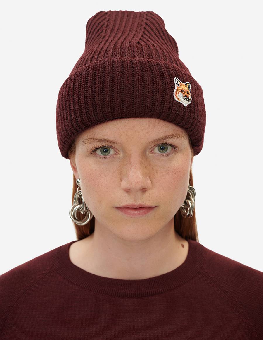 Burgundy Men's Maison Kitsune Fox Head Patch Ribbed Hats | AU-B0490