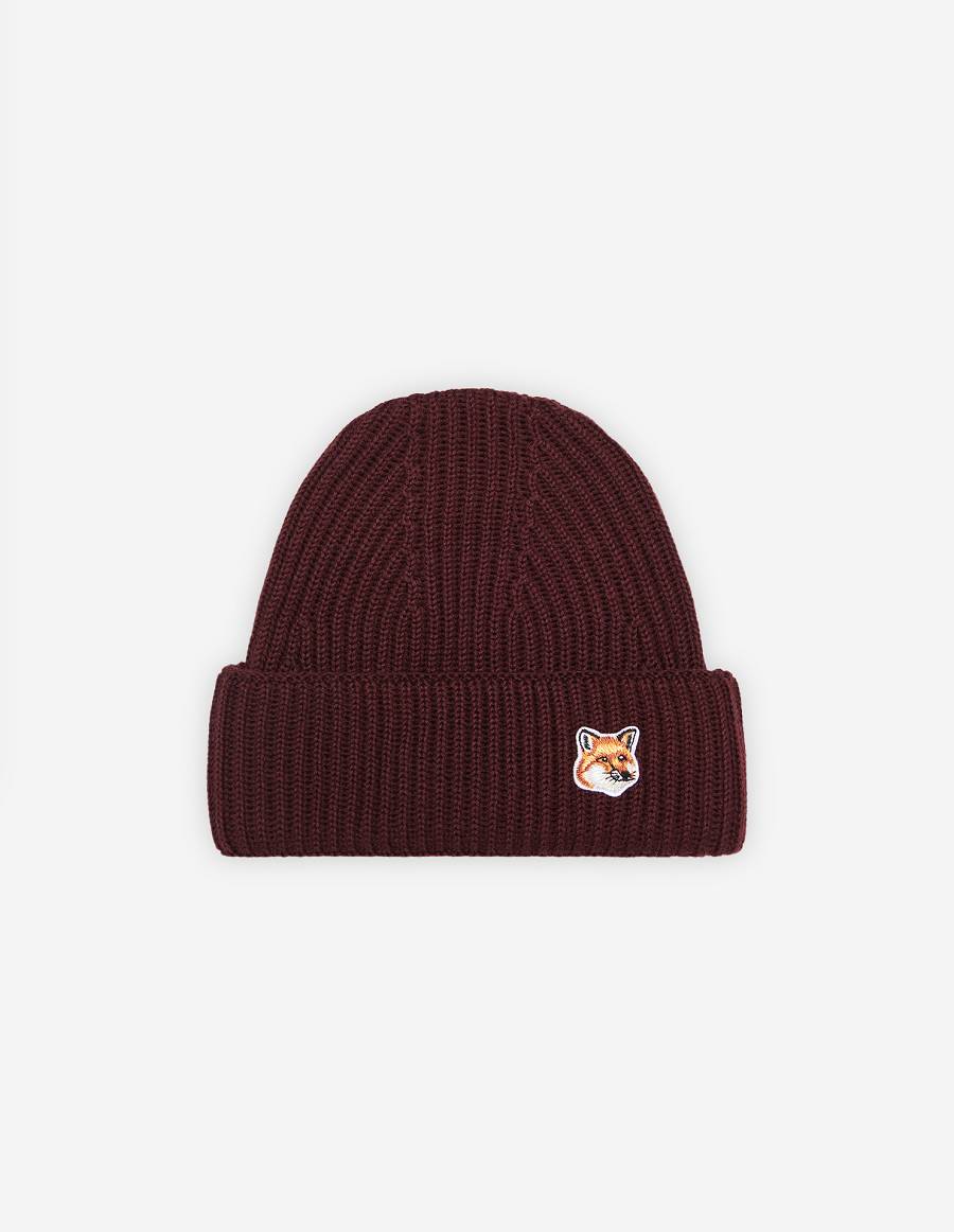 Burgundy Men\'s Maison Kitsune Fox Head Patch Ribbed Hats | AU-B0490