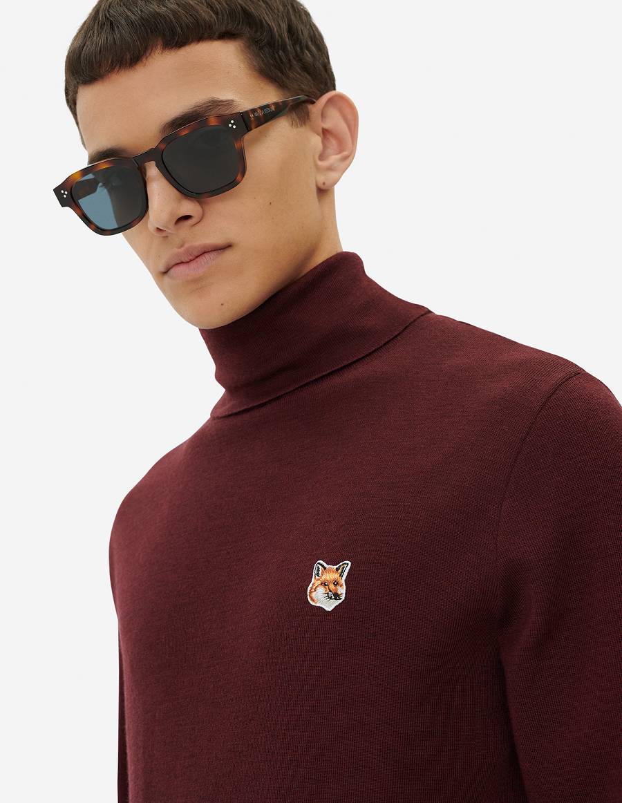 Burgundy Men's Maison Kitsune Fox Head Patch Classic Turtleneck Sweaters | AU-Q0688