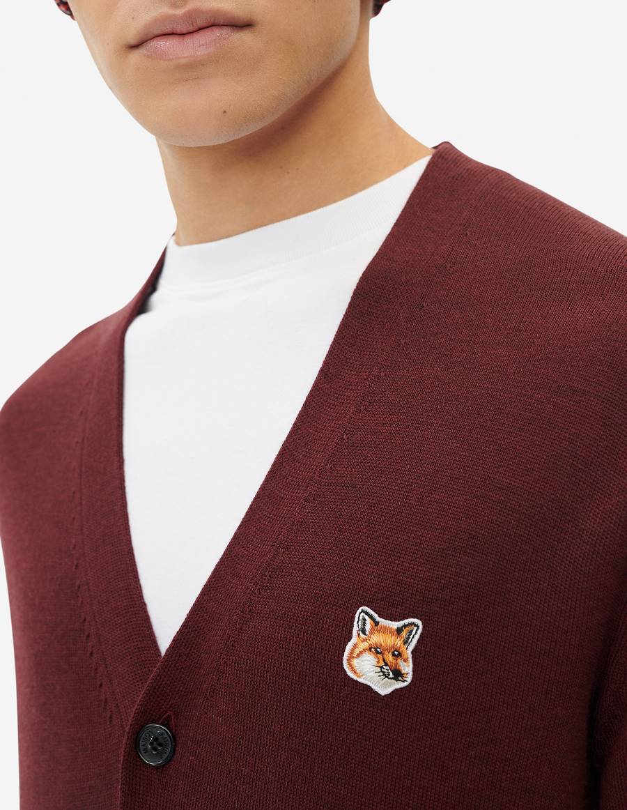 Burgundy Men's Maison Kitsune Fox Head Patch Classic Cardigan | AU-U0499