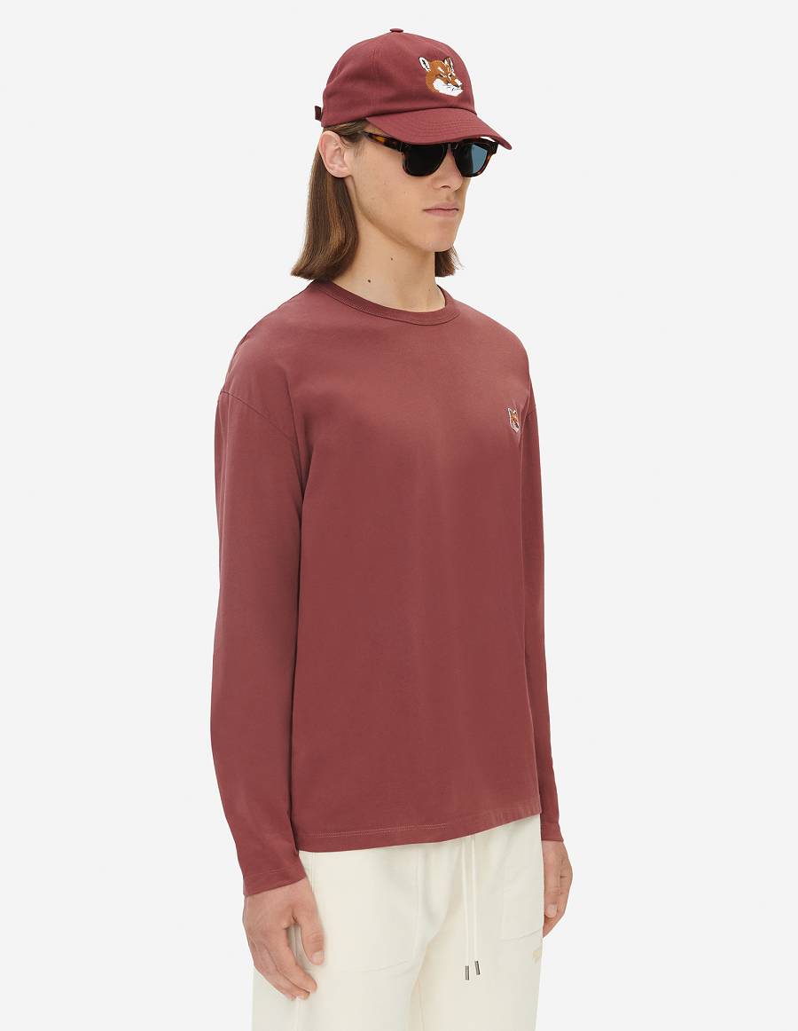 Burgundy Men's Maison Kitsune Fox Head Patch Regular Long-sleeved T Shirts | AU-V0549