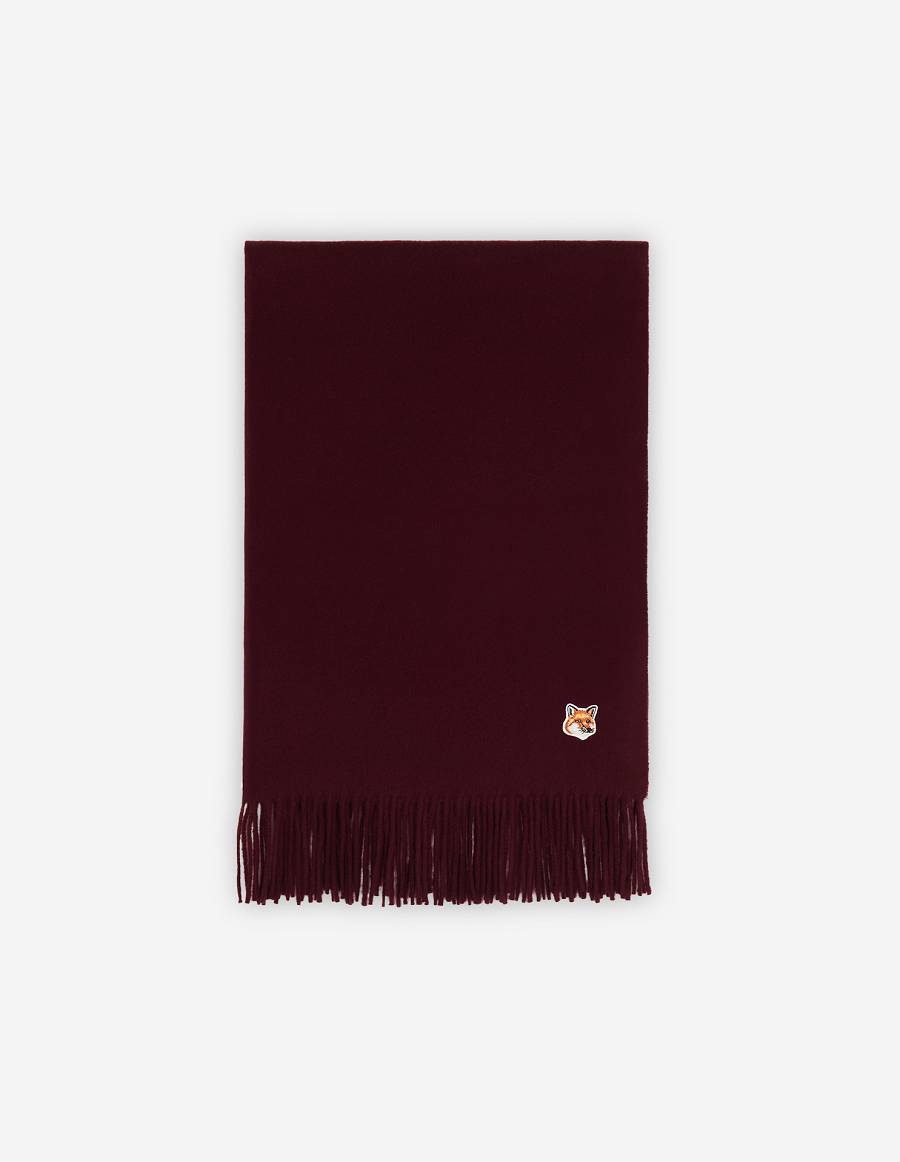 Burgundy Men\'s Maison Kitsune Fox Head Patch Wool Scarf | AU-W0484