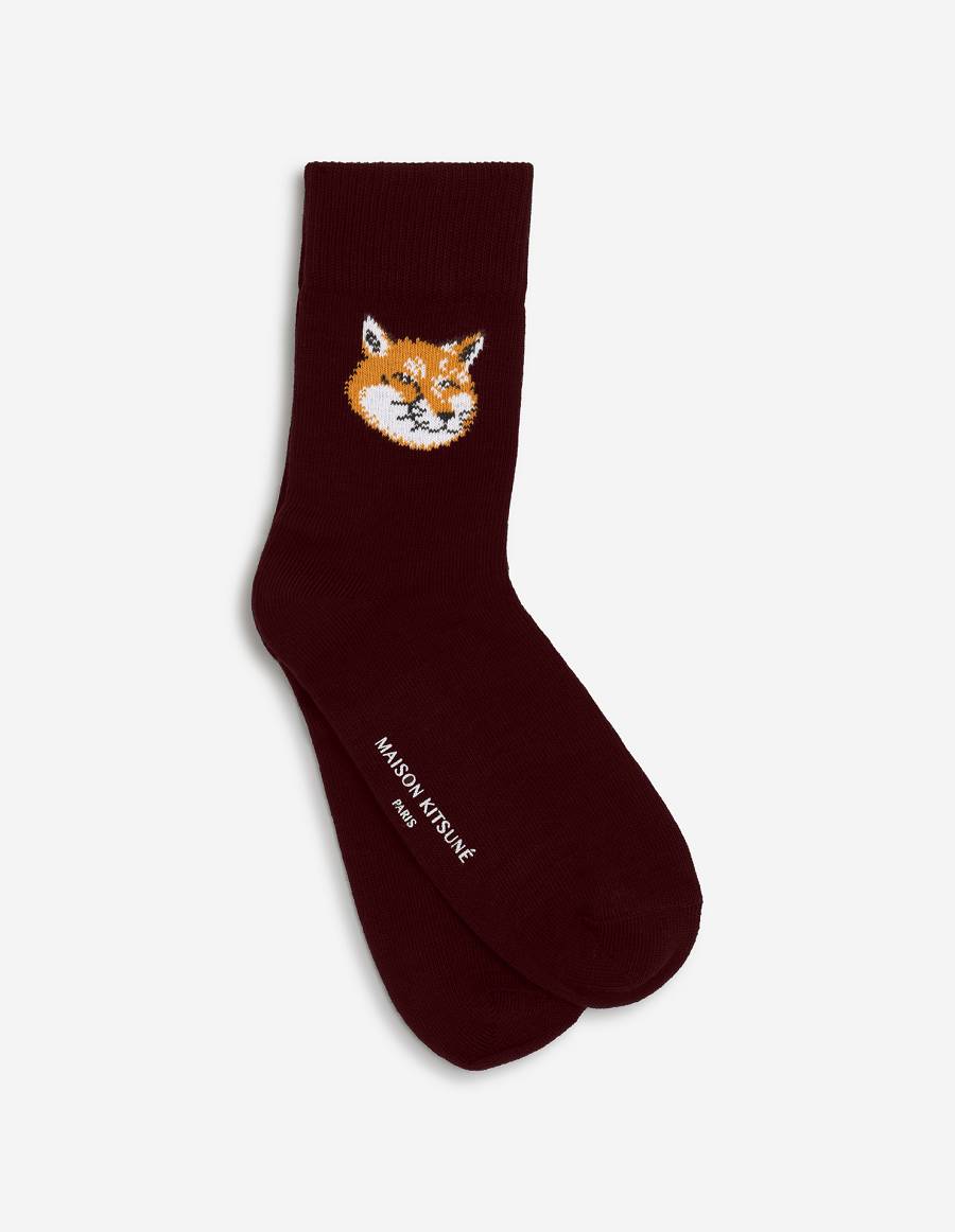 Burgundy Men\'s Maison Kitsune Fox Head Socks | AU-K0796