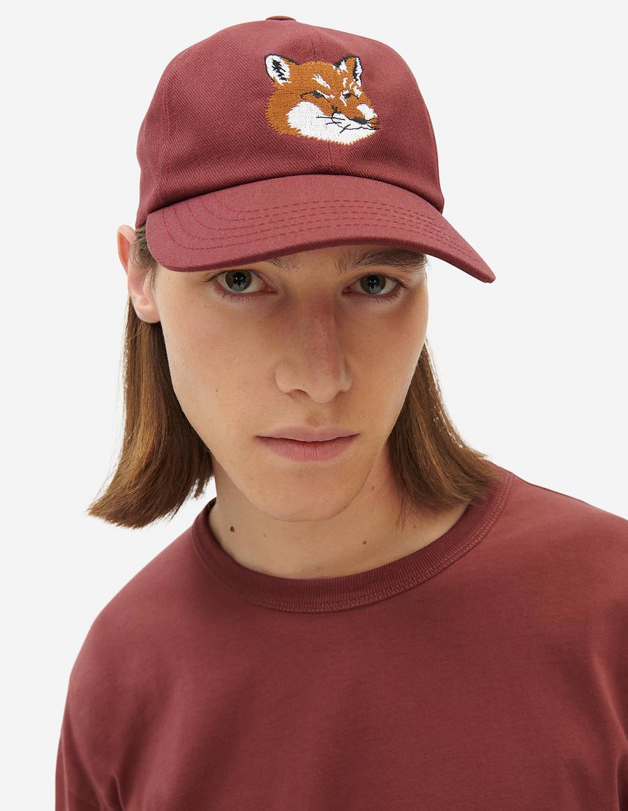 Burgundy Men's Maison Kitsune Large Fox Head Embroidery 6p Caps | AU-J0454