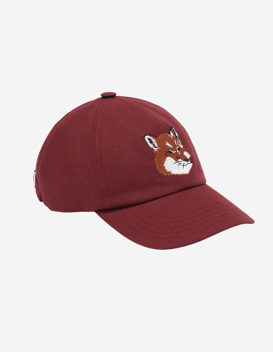 Burgundy Men\'s Maison Kitsune Large Fox Head Embroidery 6p Caps | AU-J0454