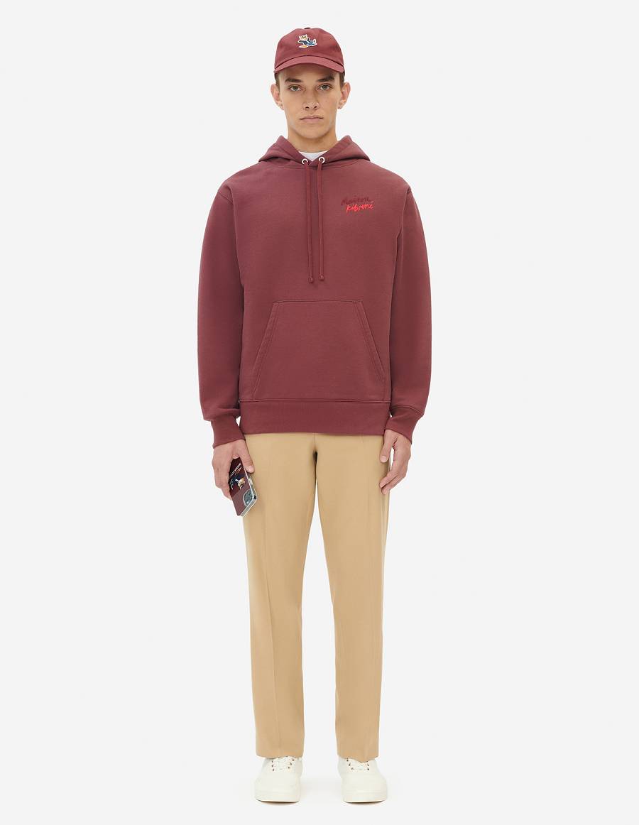 Burgundy Men's Maison Kitsune Mini Handwriting Relaxed Hoodies | AU-J0657