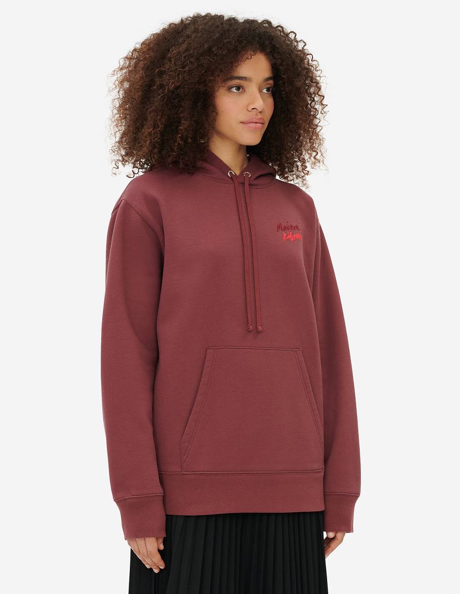 Burgundy Men's Maison Kitsune Mini Handwriting Relaxed Hoodies | AU-J0657