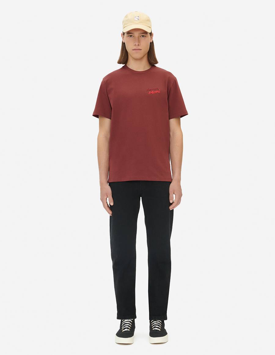 Burgundy Men's Maison Kitsune Mini Handwriting Classic T Shirts | AU-Y0788