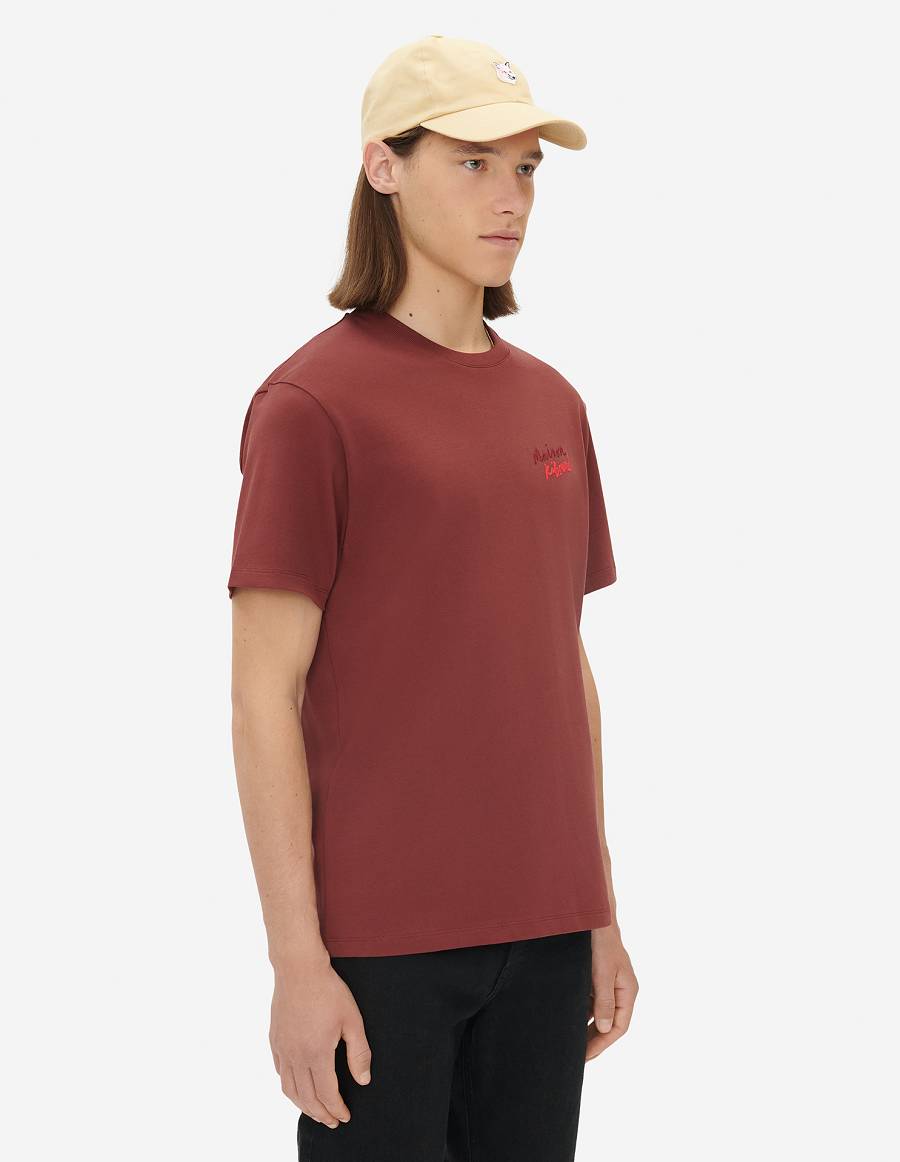 Burgundy Men's Maison Kitsune Mini Handwriting Classic T Shirts | AU-Y0788