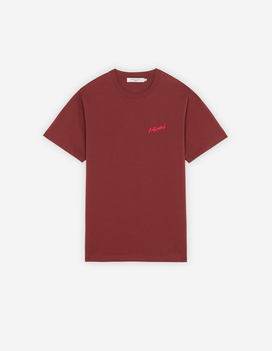 Burgundy Men\'s Maison Kitsune Mini Handwriting Classic T Shirts | AU-Y0788