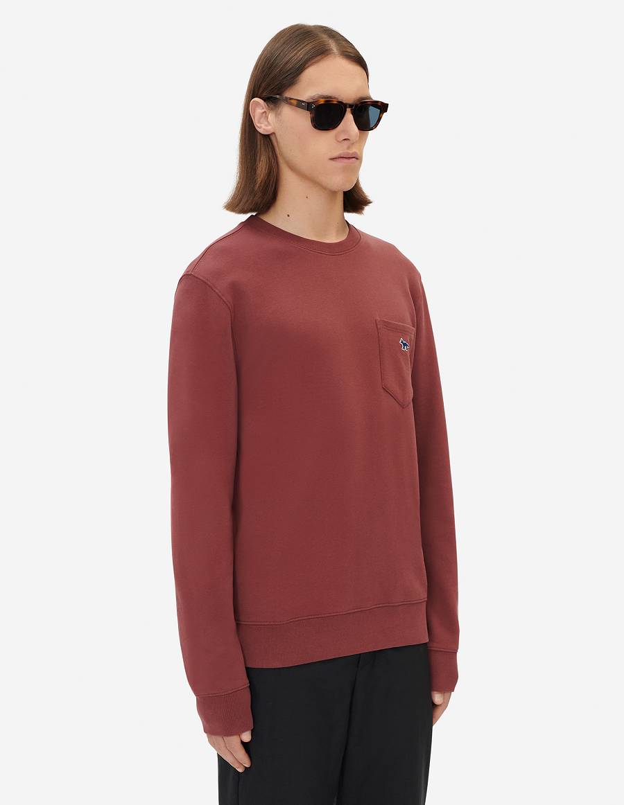 Burgundy Men's Maison Kitsune Navy Fox Patch Regular Pocket Sweatshirts | AU-P0210