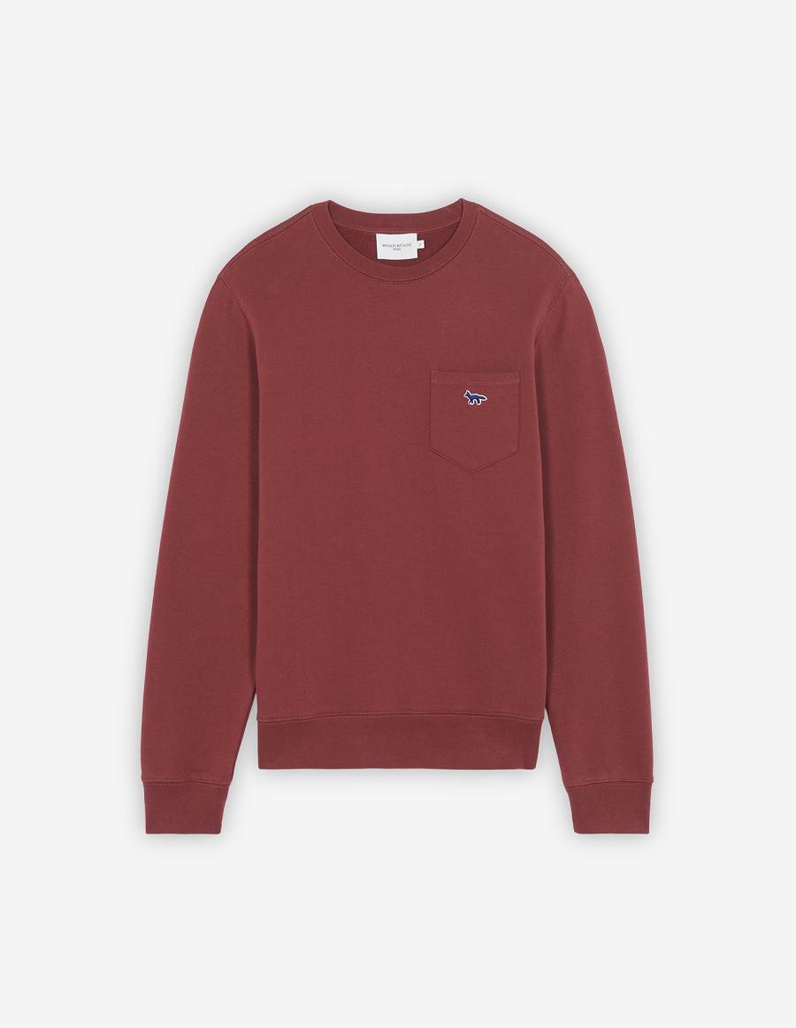 Burgundy Men\'s Maison Kitsune Navy Fox Patch Regular Pocket Sweatshirts | AU-P0210