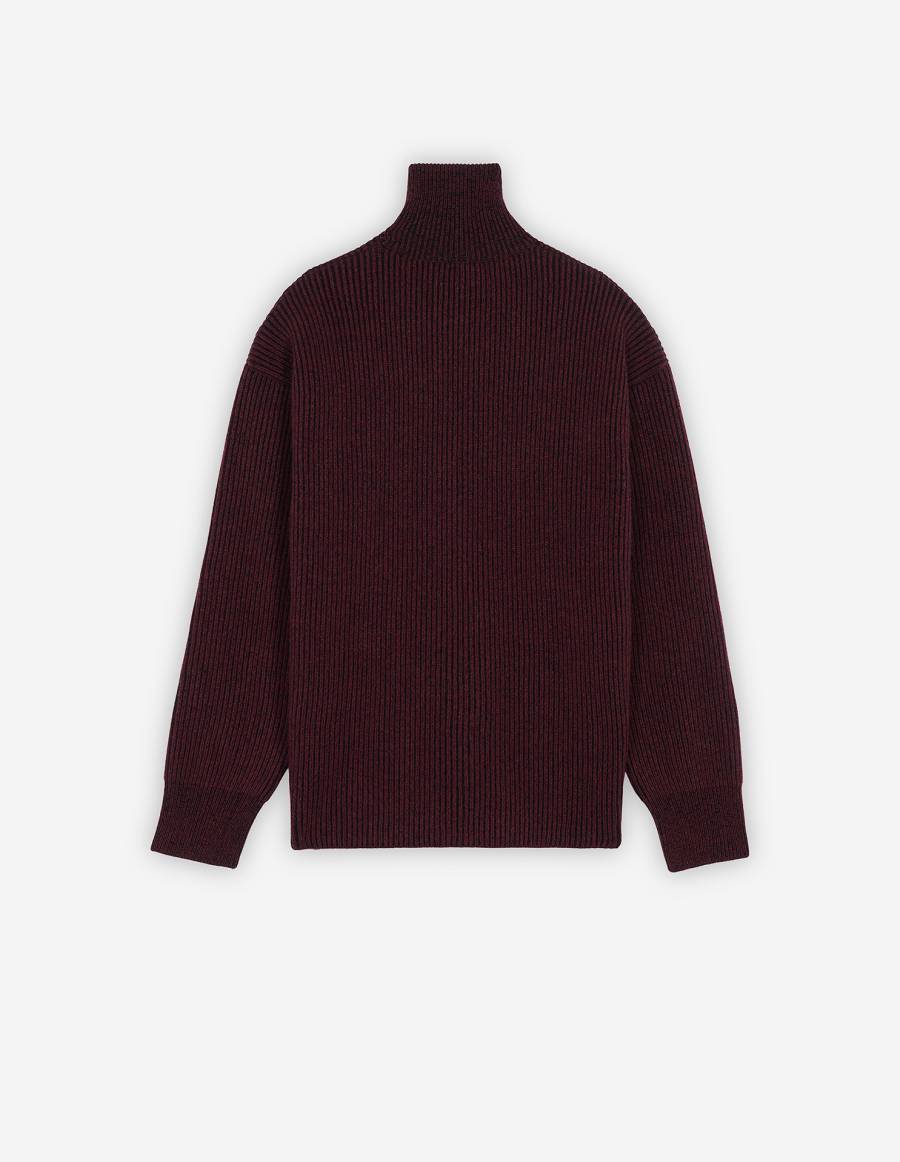 Burgundy Men's Maison Kitsune Plaited Rib Regular Zip Cardigan | AU-Q0293